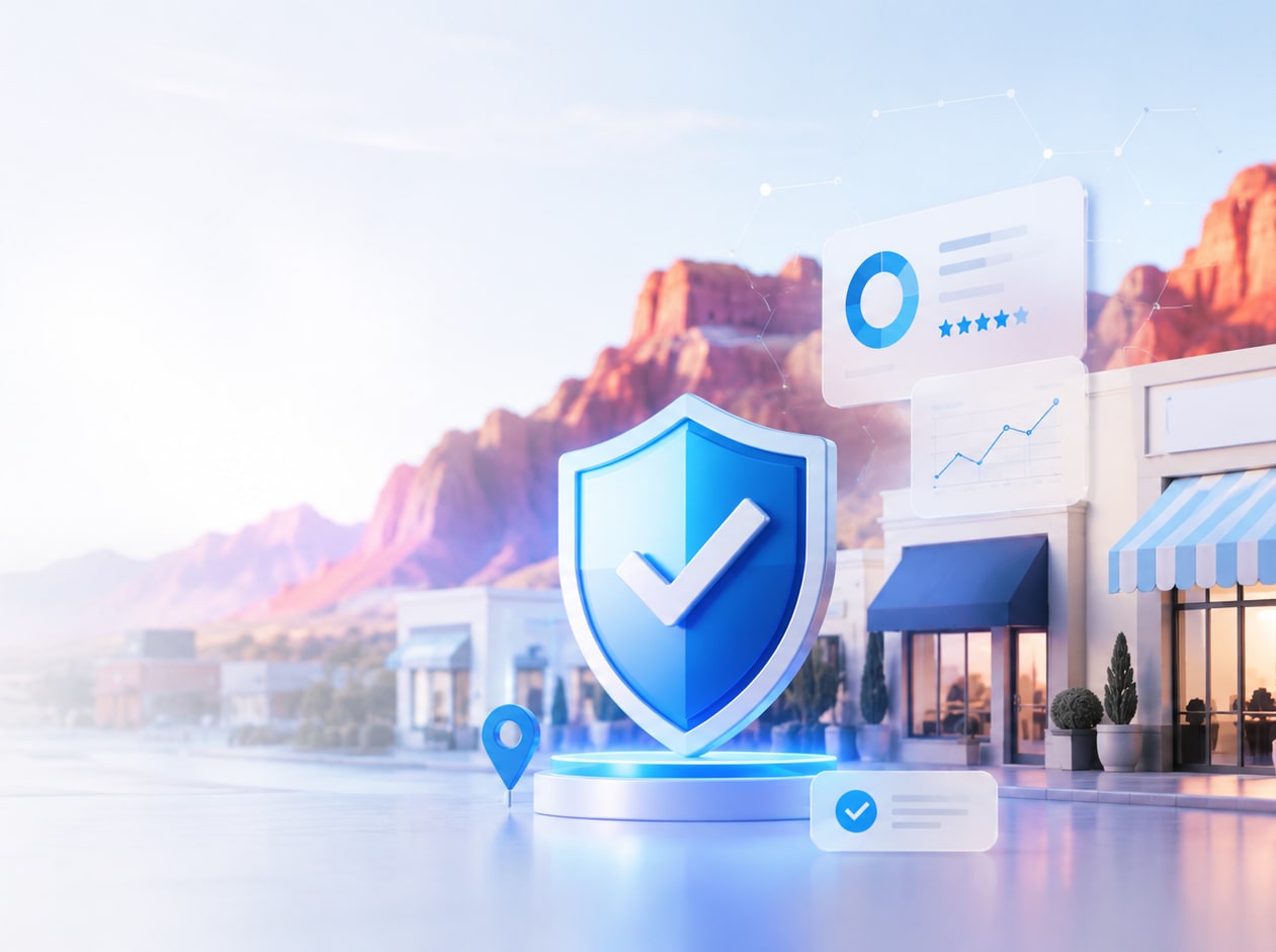 Glowing blue shield with checkmark in front of local storefronts and red rock mountains