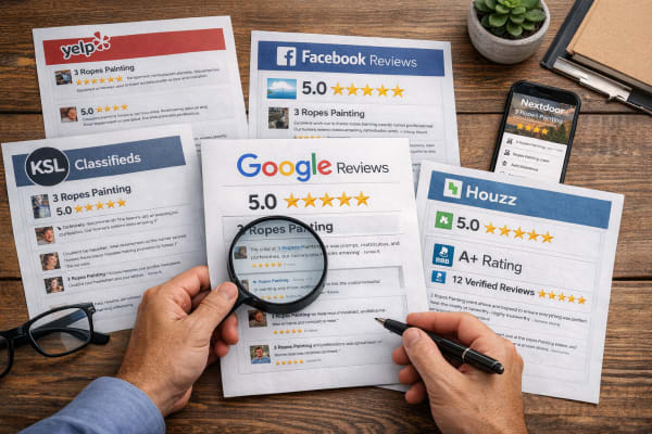 Cross-platform review snapshot showing 3 Ropes Painting rated 5.0 across multiple Southern Utah review platforms