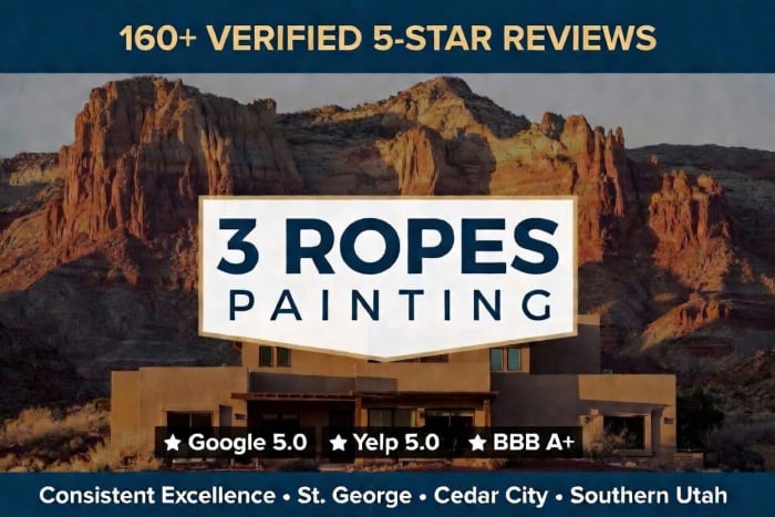 Badge graphic showing over 160 verified 5-star reviews across independent platforms for a Southern Utah painter