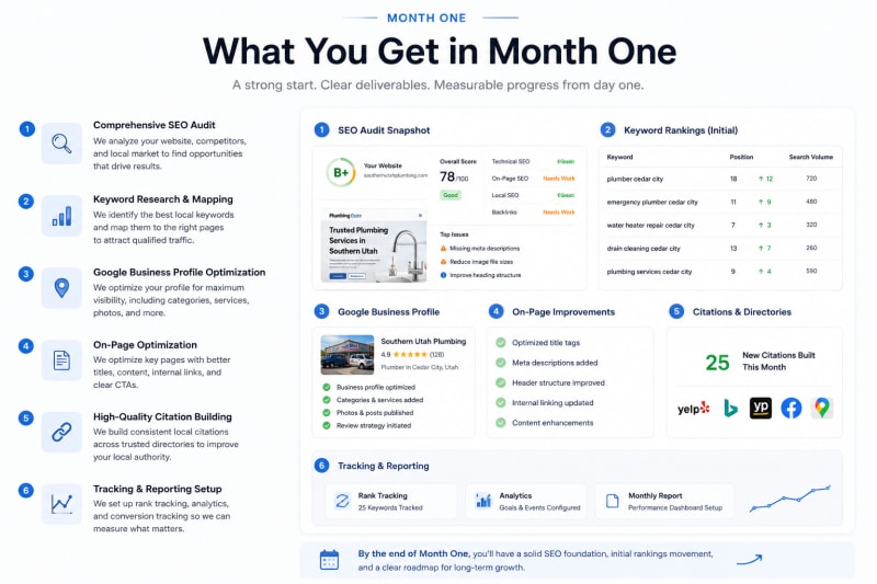 Month one SEO deliverables: audit report, ranking panel, and workflow graphic showing what clients receive in the first 30 days