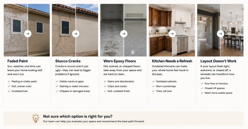 St. George remodel comparison images: faded paint, stucco cracks, epoxy floors, kitchen refresh, and layout remodels