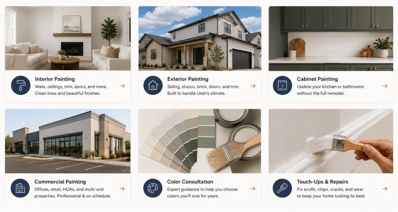 Southern Utah painter service types: interior, exterior, cabinets, commercial, color consult, and touch-ups