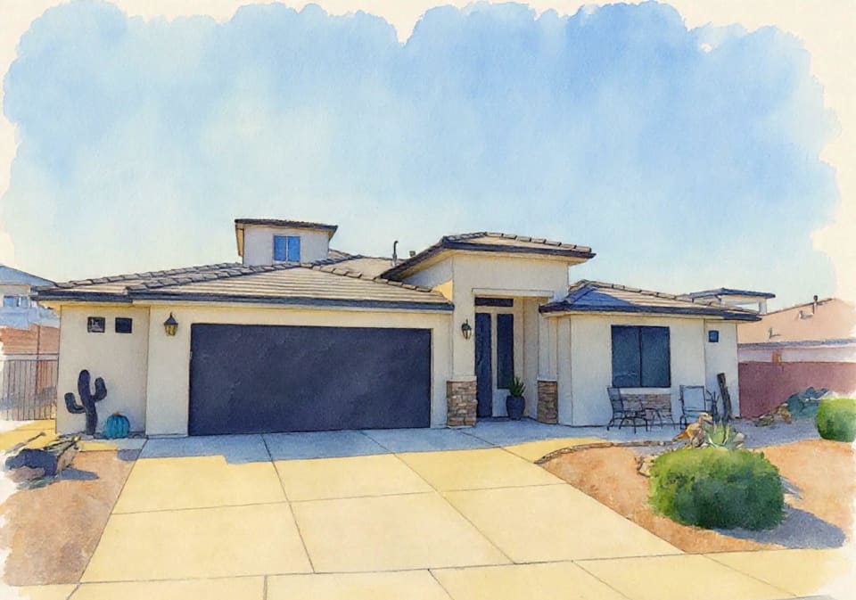 Freshly painted Southern Utah home exterior with warm desert light