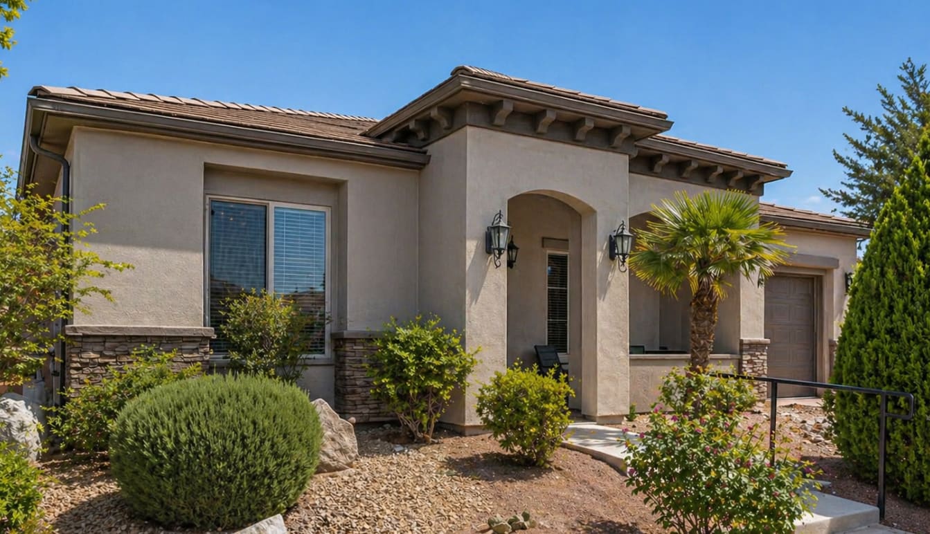 Freshly painted SunRiver St. George stucco home with a pitched tile roof