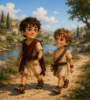 Steve and Kynthos walking down the sunny road