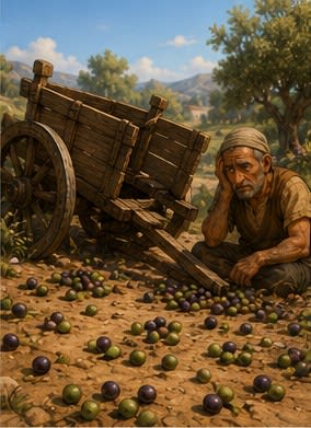 An old farmer sits beside his broken cart, olives scattered everywhere