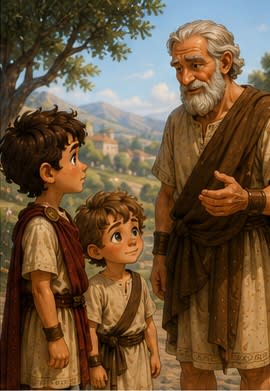 Grandfather arrives and asks the boys a question