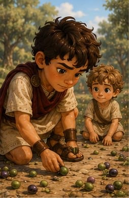 Steve and Kynthos kneel down and begin picking up olives