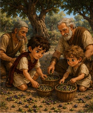 All four kneel together filling baskets with olives