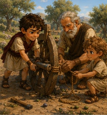 Grandfather and the boys repair the broken wheel with rope