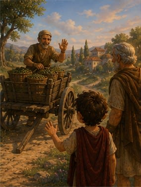 The farmer waves from his repaired cart as they say goodbye