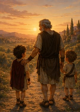 Grandfather walks home with both boys at sunset
