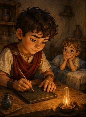 Steve writes on his wax tablet by candlelight while Kynthos watches
