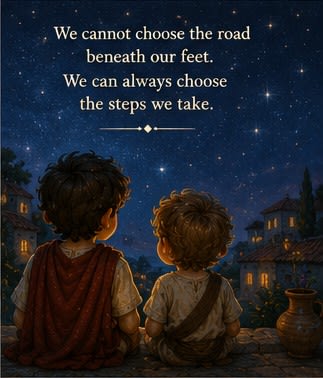 The brothers sit together under the night sky