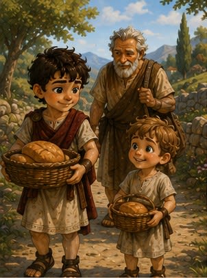Steve, Kynthos, and Grandfather set out carrying baskets of warm bread