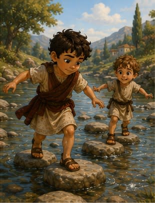 Steve and Kynthos hop across the stream on stepping stones