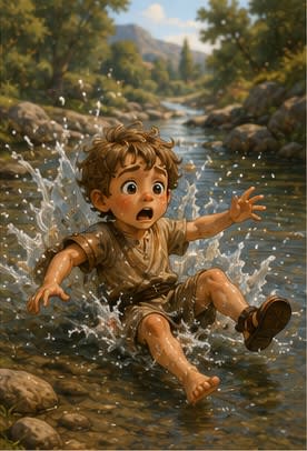 Kynthos falls into the stream with a great splash