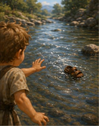 Kynthos reaches out as his sandal floats away on the current