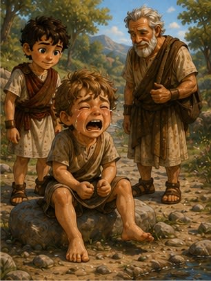 Kynthos sits on a stone crying, Steve and Grandfather stand nearby
