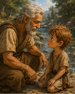 Grandfather sits down quietly beside Kynthos at the water's edge