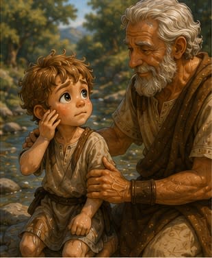 Grandfather holds Kynthos gently and asks him a quiet question