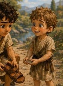Steve kneels and offers Kynthos one of his own sandals