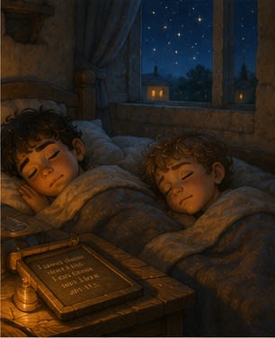 Both brothers asleep in bed, the wax tablet resting beside the lamp