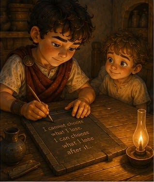 Steve writes on his wax tablet by candlelight while Kynthos watches