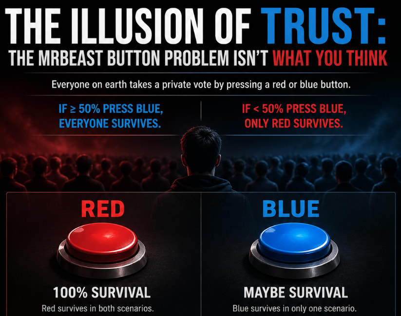 A decision graphic showing why the red choice dominates in the button problem
