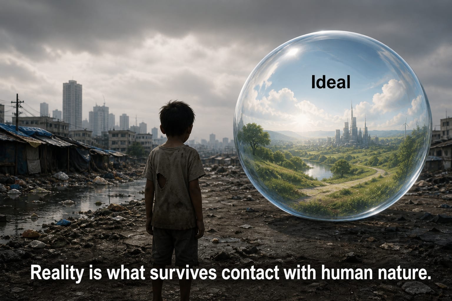 A split visual contrasting idealized systems with real-world outcomes