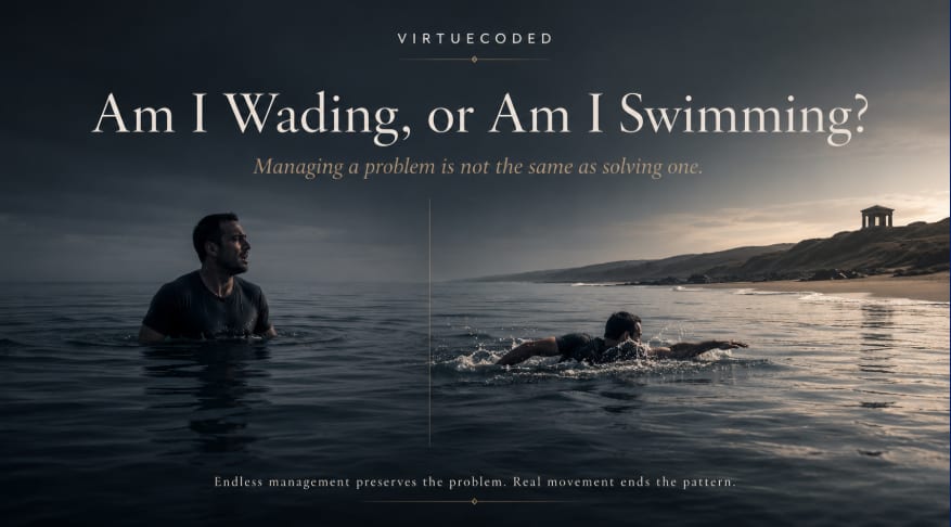 A person swimming toward shore, representing direction over endless management