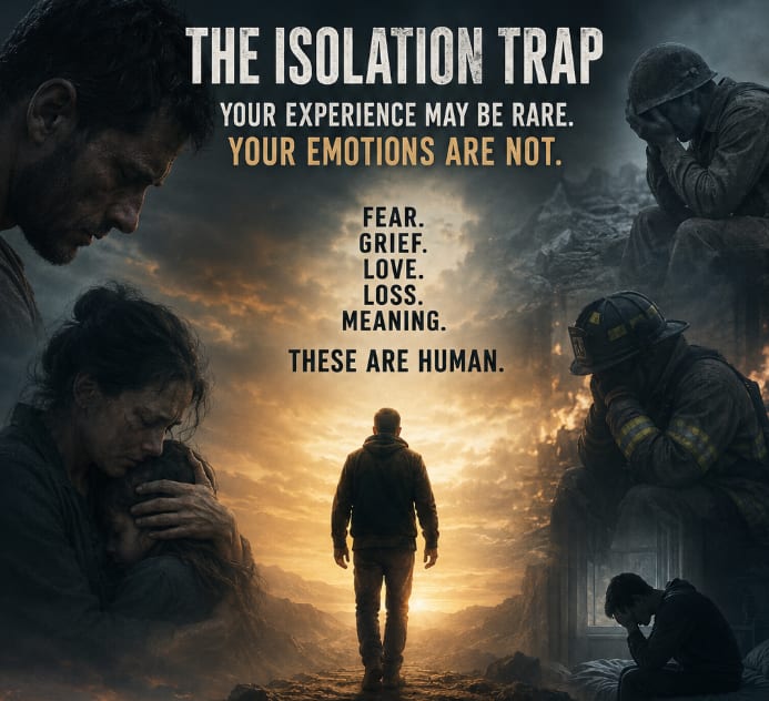 A solitary figure separated from others, representing the self-sealing psychology of isolation