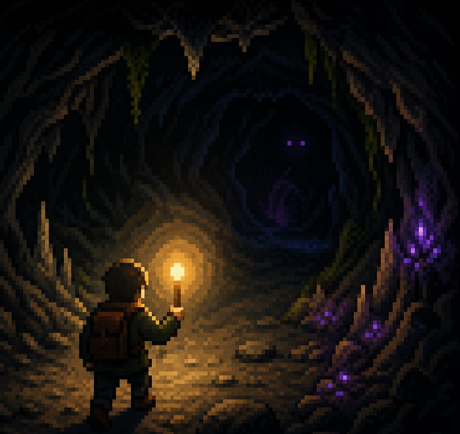 A figure holding a torch stands at the entrance of a dark cave, facing a shadowed creature ahead — pixel art illustration