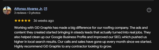 Five star Google review screenshot for GD Graphix