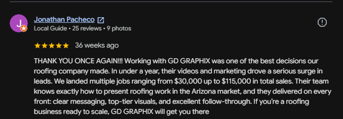 Five star Google review screenshot for Video Marketing AZ service proof