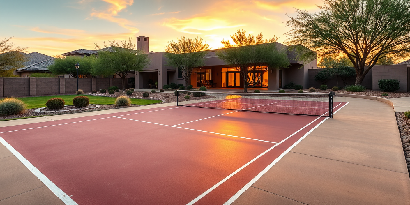 Custom backyard pickleball court at sunset