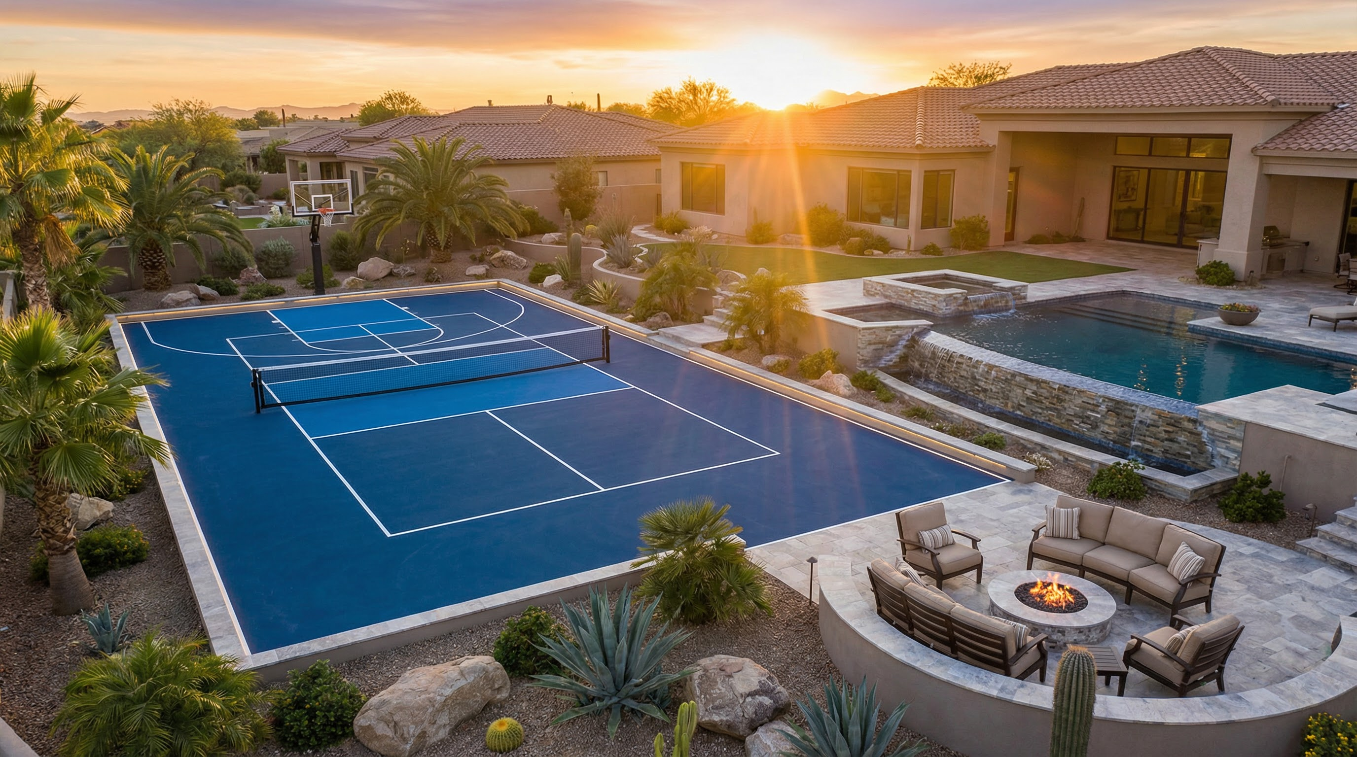 Custom multi-sport court and luxury Arizona backyard