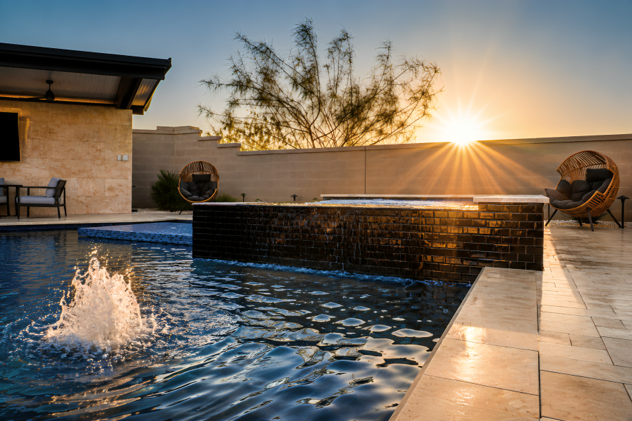 Completed custom Arizona swimming pool with integrated spa and outdoor living features