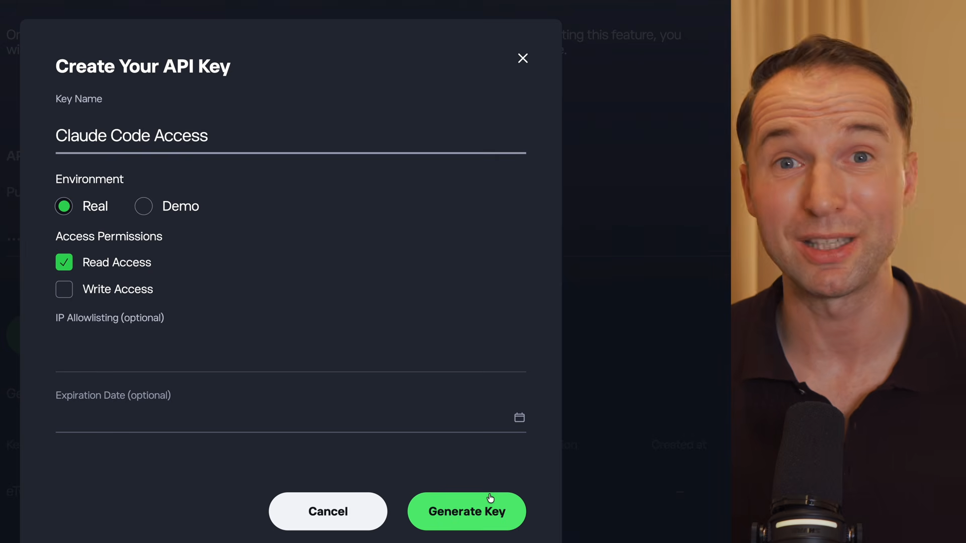 eToro API key creation with Read access selected, Write access off, and optional IP allowlisting and expiration