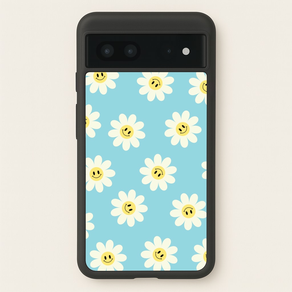 Pastel Blue Smiley Daisies Pattern Phone Case