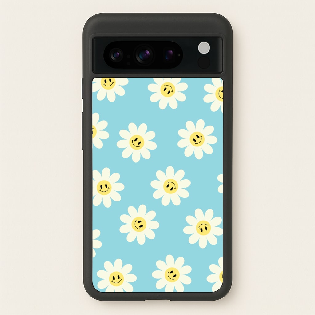 Pastel Blue Smiley Daisies Pattern Phone Case