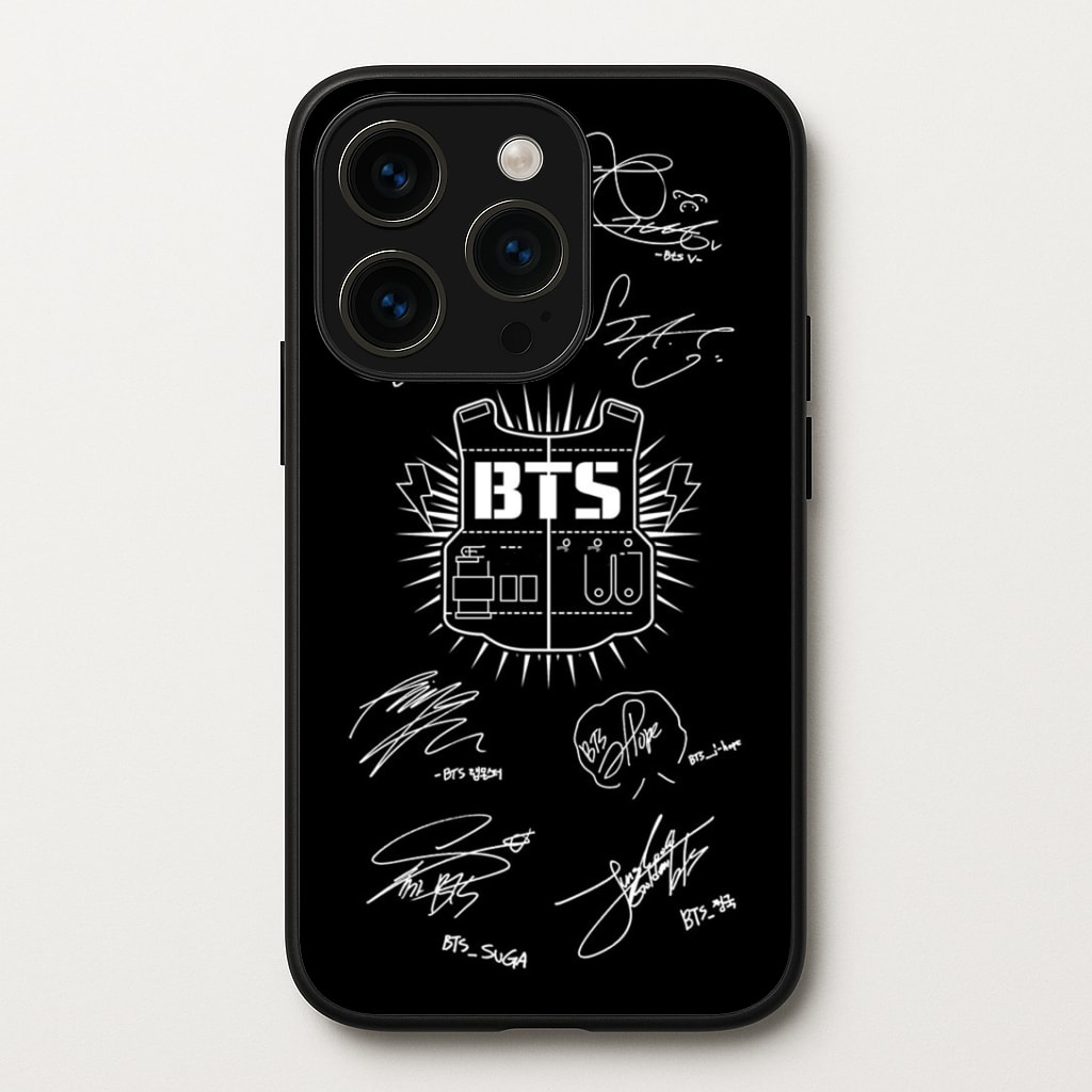 Black K-Pop Band Army Logo and Signatures Phone Case