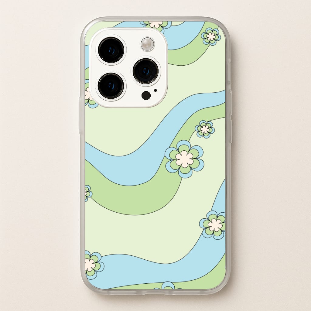 Waves And Flowers Green Retro Pattern Phone Case