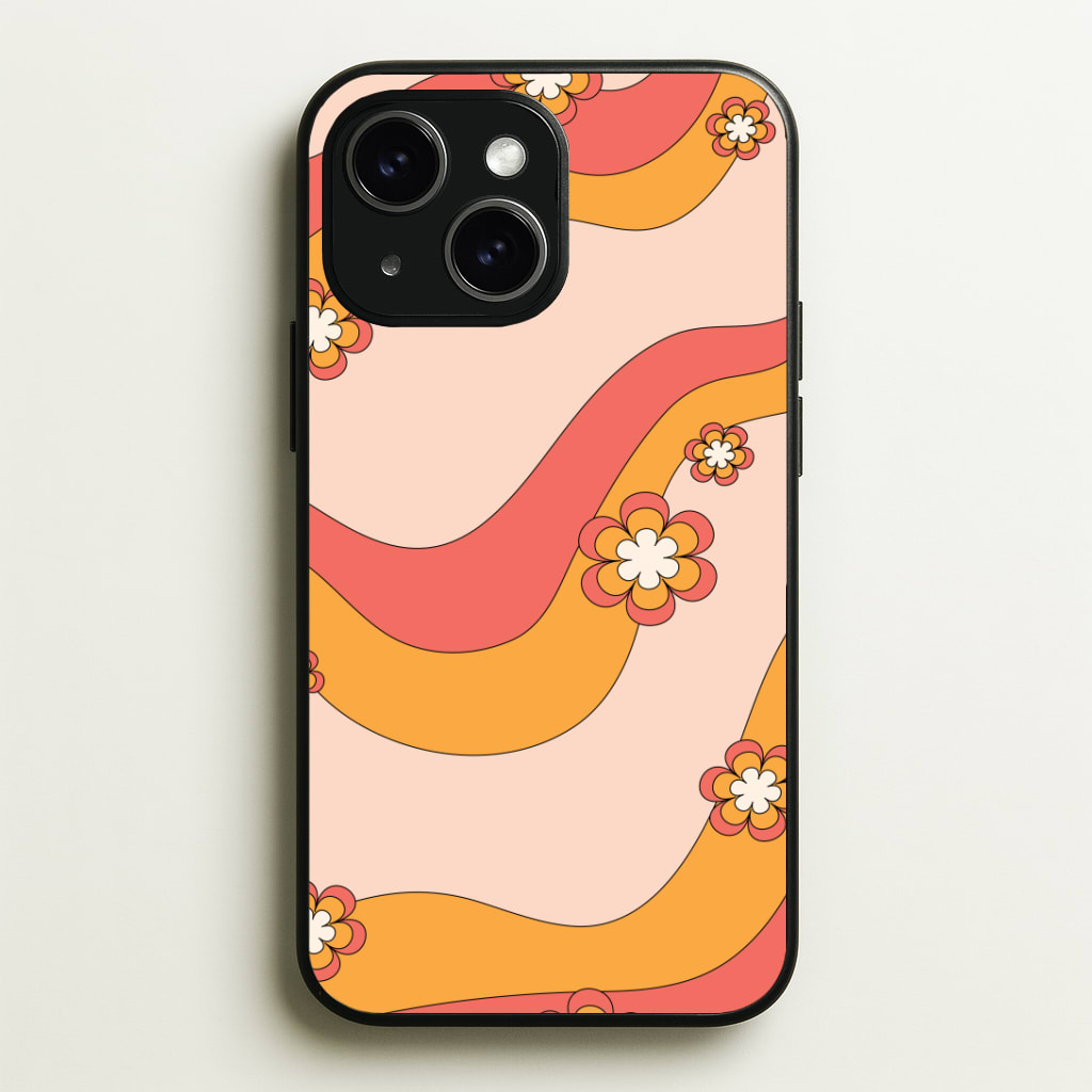 Waves And Flowers Orange Retro Pattern Phone Case - iPhone 15 / Standard