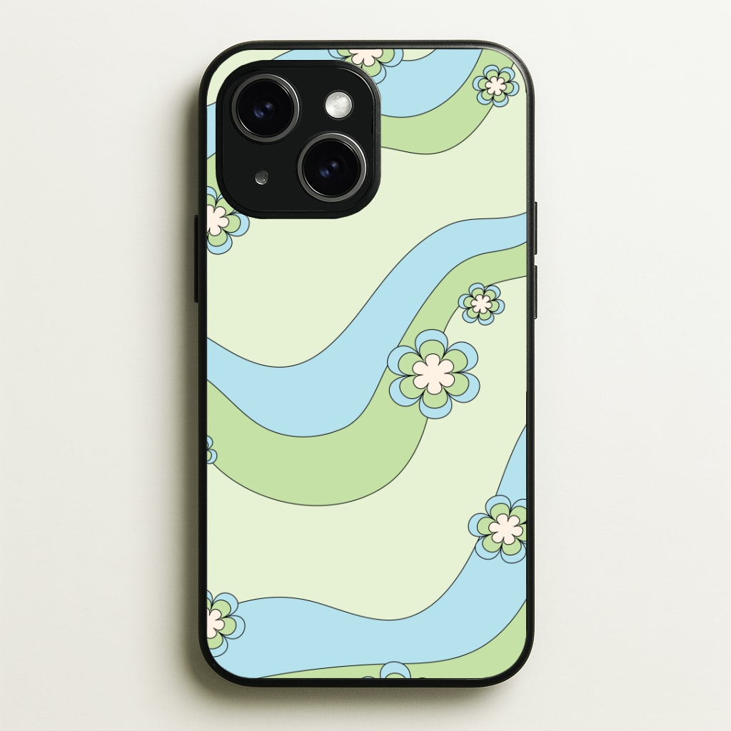 Waves And Flowers Green Retro Pattern Phone Case - iPhone 15 / Standard