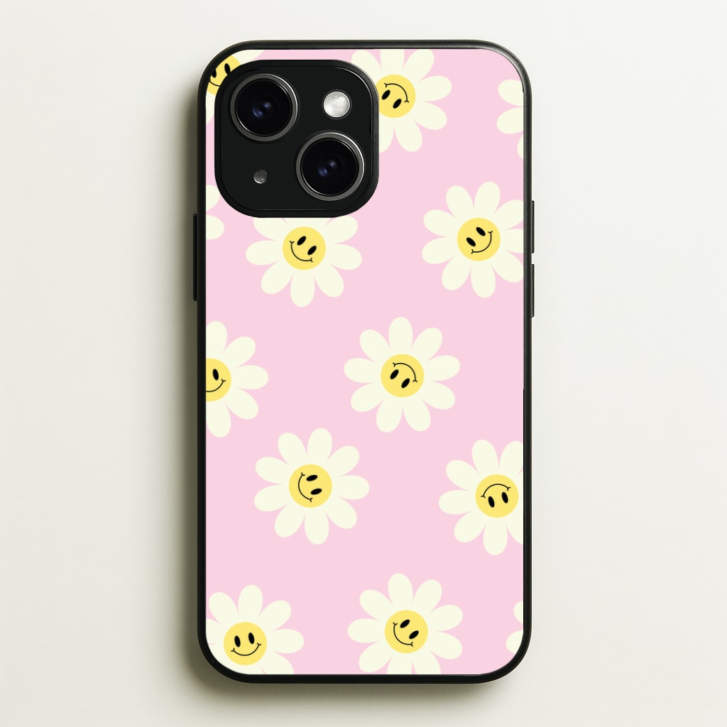 Pastel Pink Smiley Daisies Pattern Phone Case - iPhone 15 / Standard