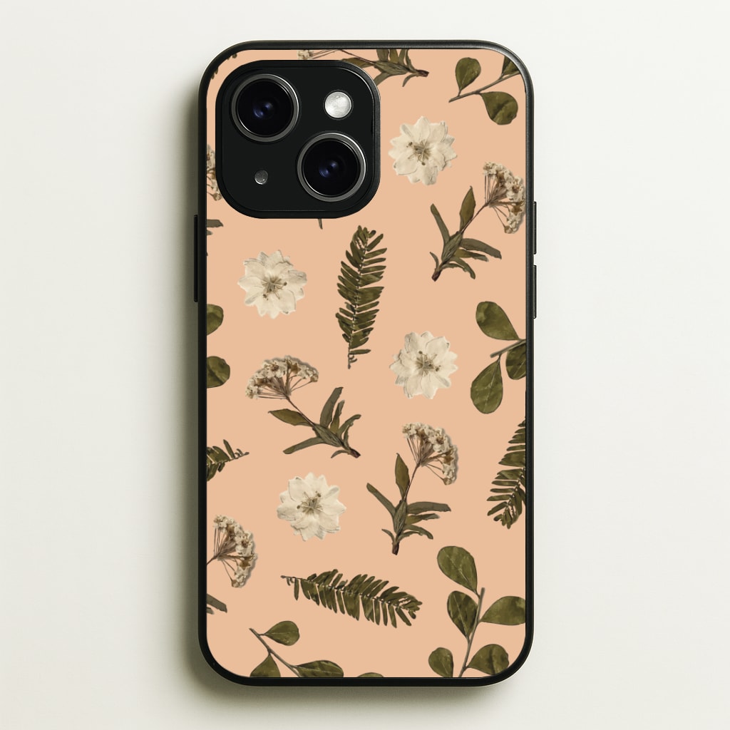 Leaves And Pressed Flowers Peach Pattern Phone Case - iPhone 15 / Standard