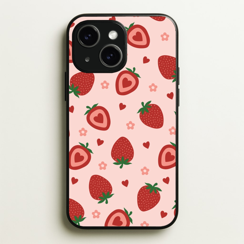 Strawberries And Hearts - Fruit Patterns Phone Case - iPhone 15 / Standard