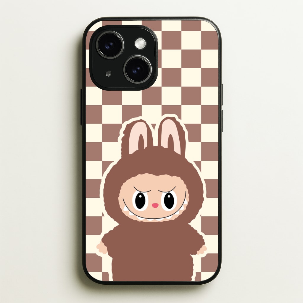 Checkered Cute Brown Monster Phone Case - iPhone 15 / Standard