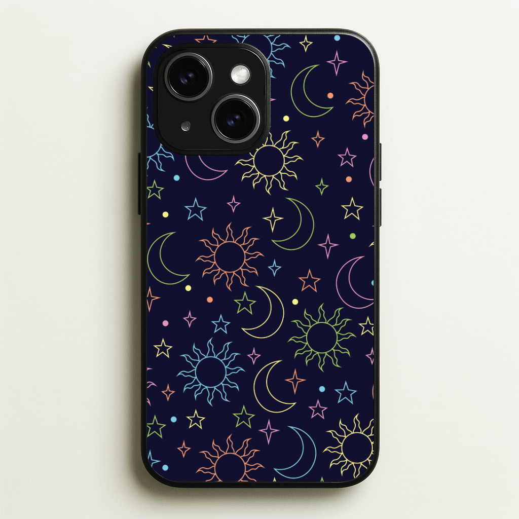 Sun, Moon And Stars Pattern Rainbow Phone Case - iPhone 15 / Standard